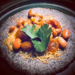 Blue Corn Tortilla With Pintos, Salsa and Cilantro